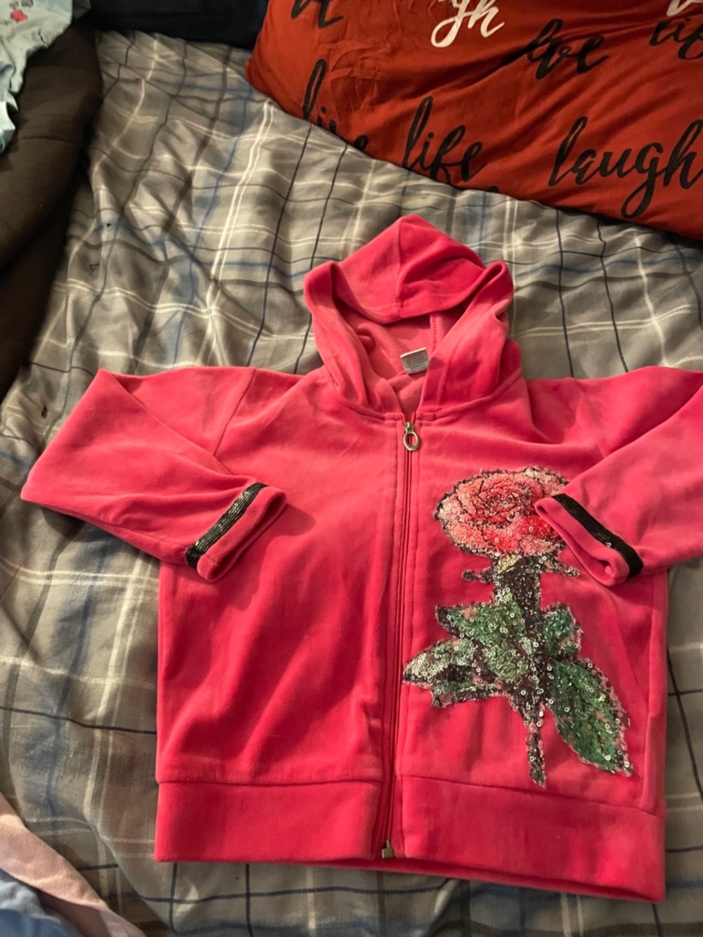 Girls' Hot Pink Sequin Rose Zip-Up Hoodie